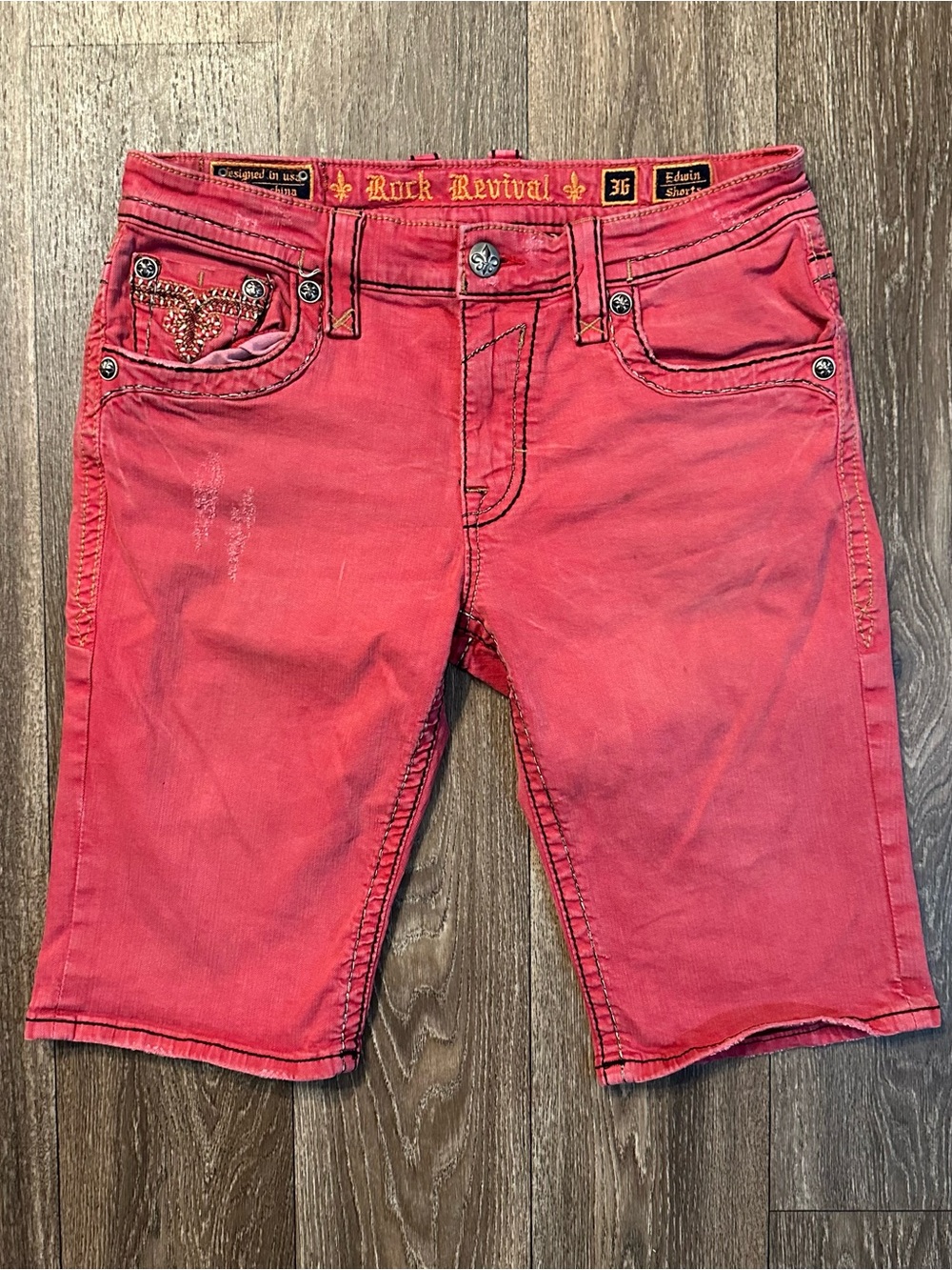 Rock Revival Red Denim Embroidered Edwin Shorts Jorts Sz 36